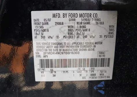 2007 Ford Edge Sel Plus z USA, uszkodzony, nr VIN 2FMDK49C97BB16303